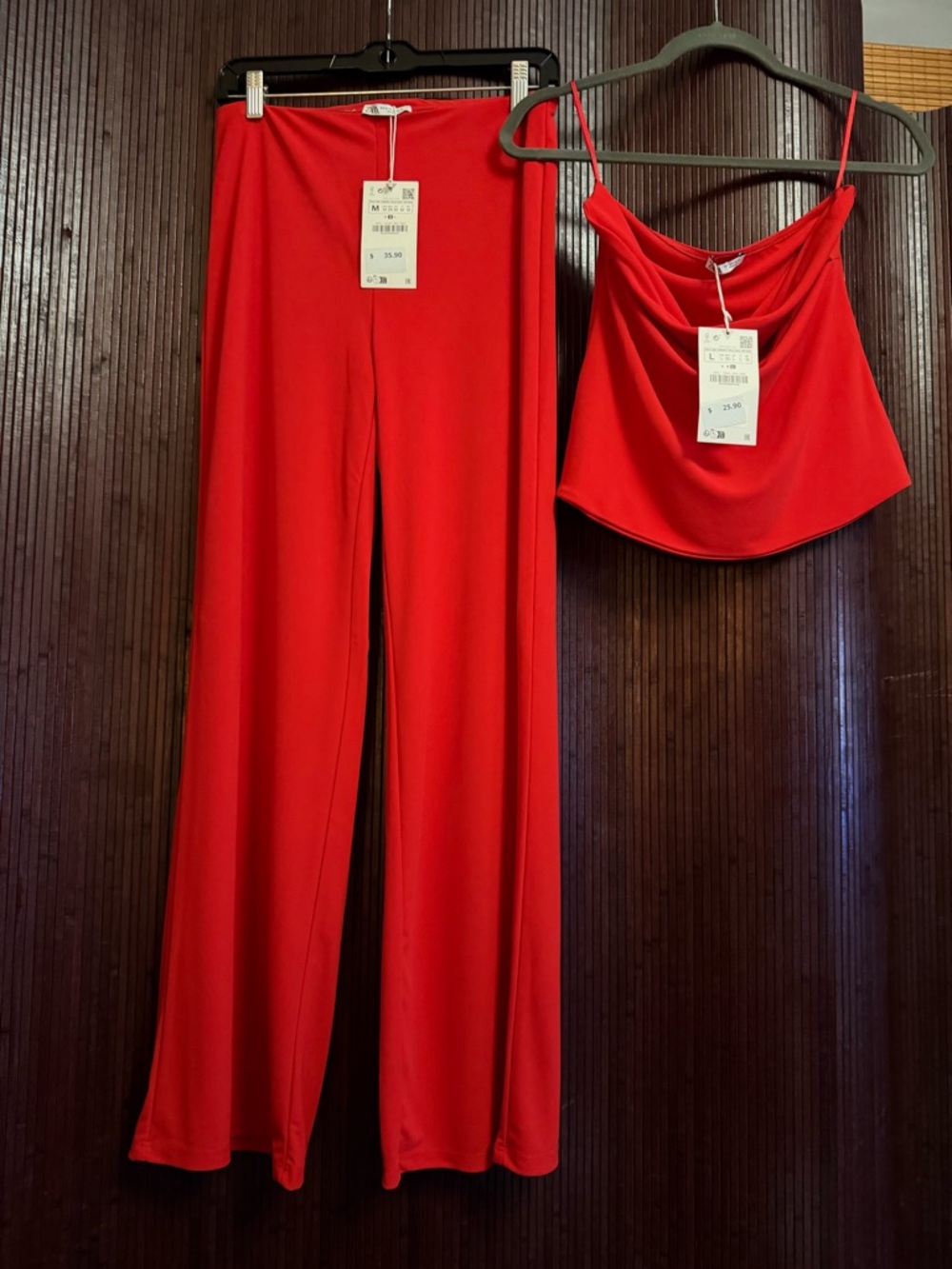 Zara Red Wide-Leg Pants with Matching Red Cowl Cami